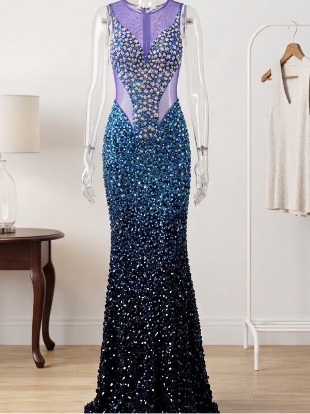 Glamorous Blue Ombre Sequin Mermaid Prom Dress, Size XS